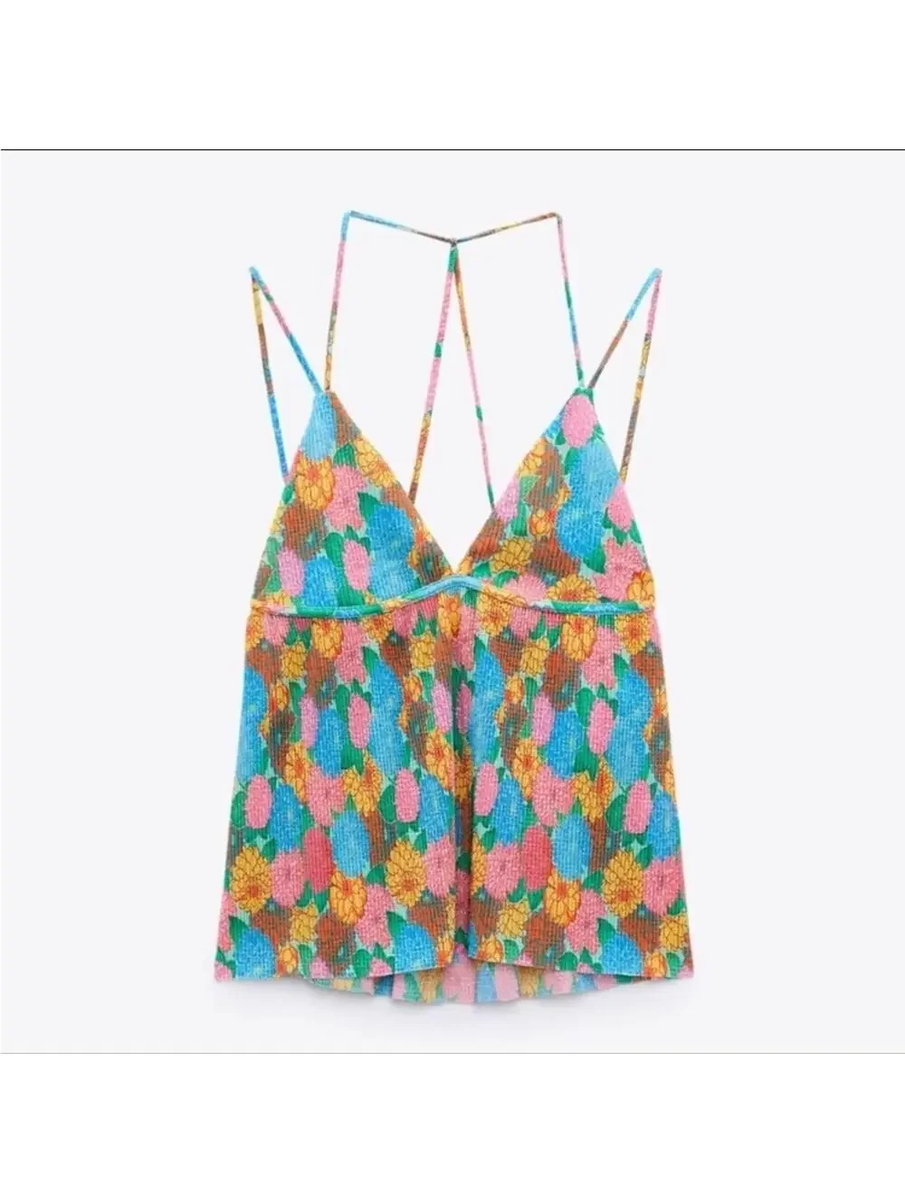 Zara Blue and Orange Multi-Color Bright Floral Strappy Camisole Top- Size Small - Picture 3 of 9